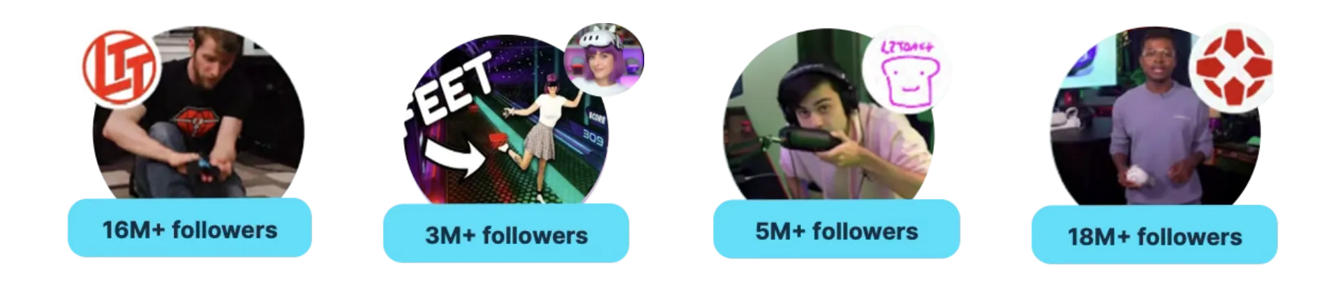 Featured creators — 16M+, 3M+, 5M+, and 18M+ followers